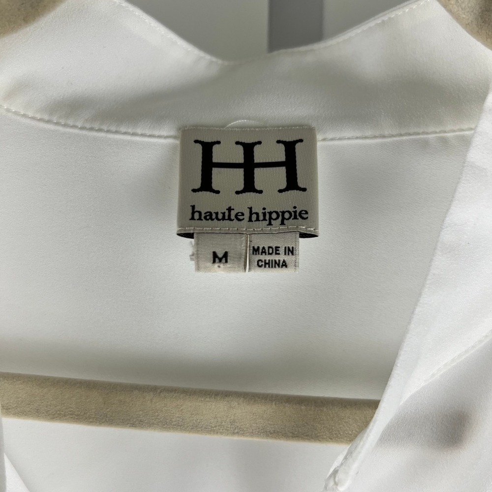 Haute Hippie White Balloon Sleeve Tie Neck Ruffle Blouse Size M - Picture 3 of 7